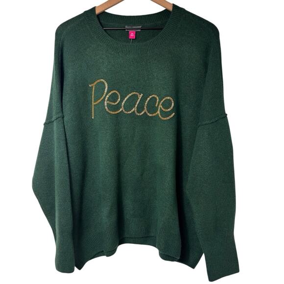 VINCE CAMUTO WOMEN'S HOLIDAY GREEN GOLD PEACE LONG SLEEVE SWEATER SIZE XXL NWT - Picture 2 of 7